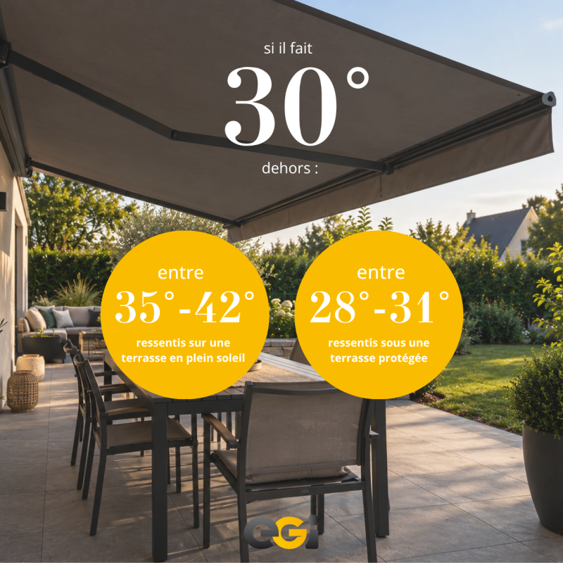 Terrasse ombragée par un store banne installé près de Rouen par Menuiserie EGI