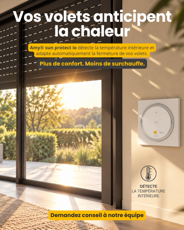Télécommande Amy Sun Protect io de Somfy pilotant automatiquement des volets roulants selon la température intérieure